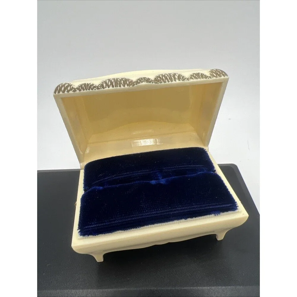 Vintage Art Deco Celluloid Ring Presentation Box Blue Velvet interior Ornate